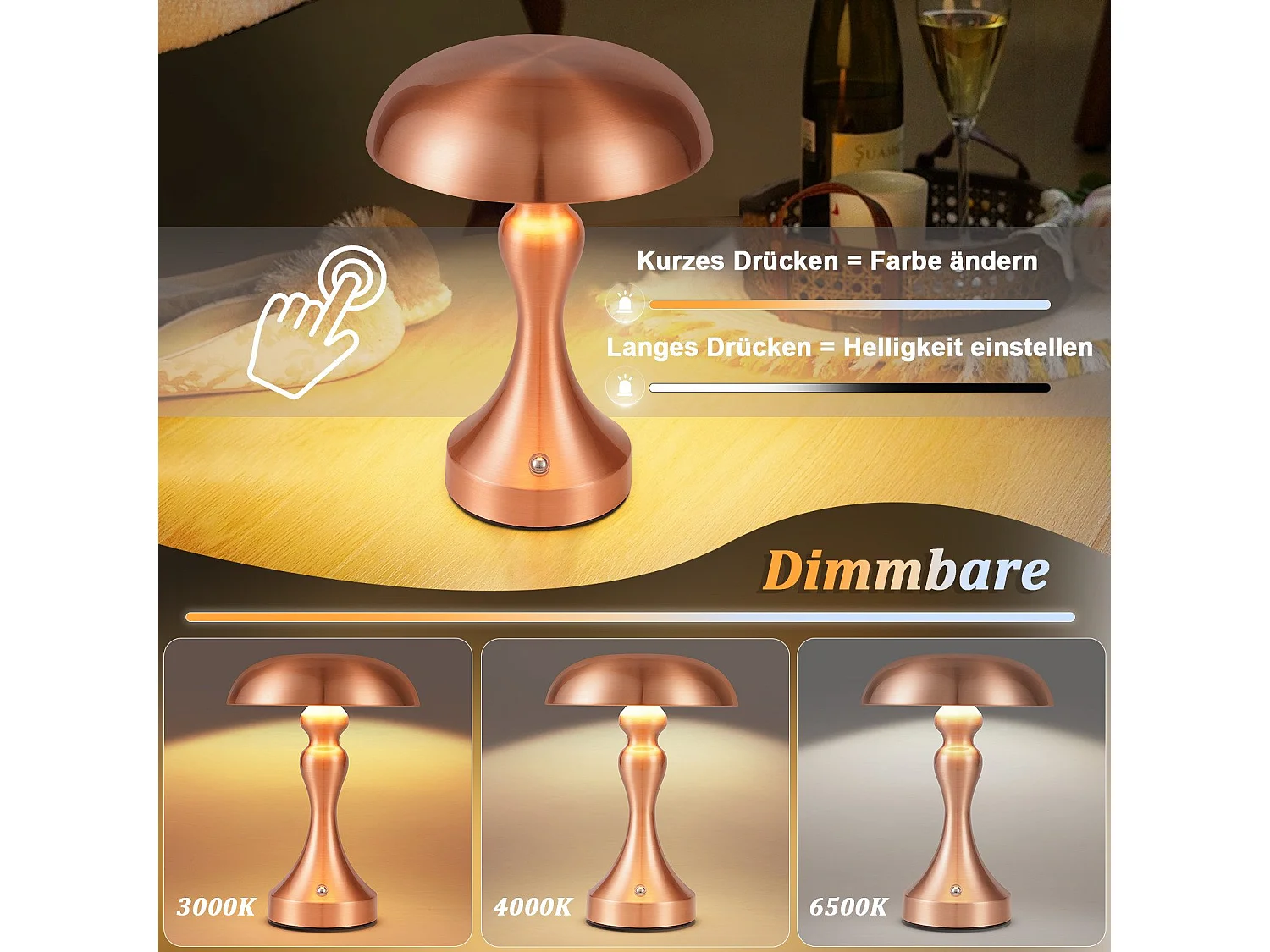 Lampe de chevet LED NETTLIFE tactile, intensité variable, sans fil, rechargeable par USB, style vintage