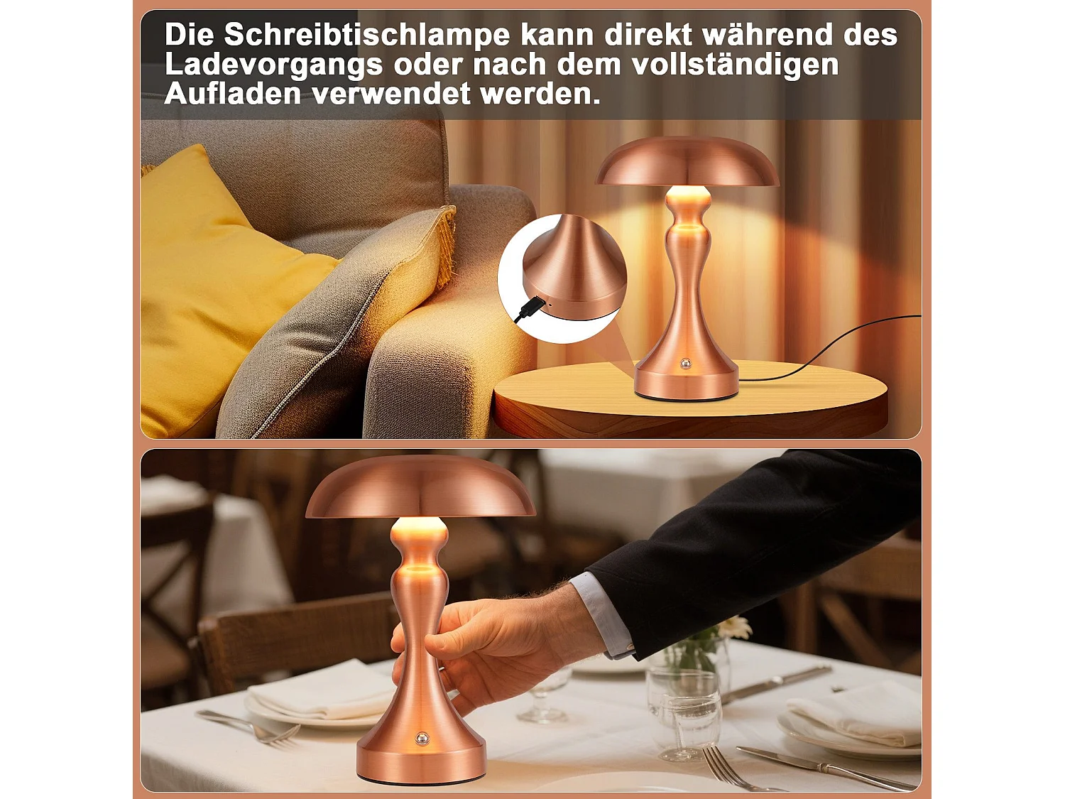 Lampe de chevet LED NETTLIFE tactile, intensité variable, sans fil, rechargeable par USB, style vintage