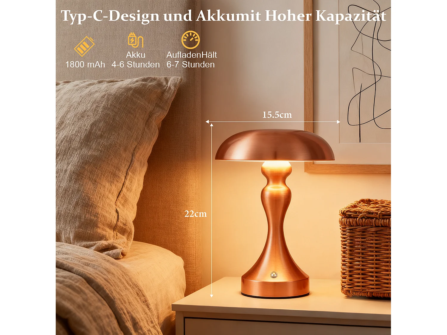 Lampe de chevet LED NETTLIFE tactile, intensité variable, sans fil, rechargeable par USB, style vintage