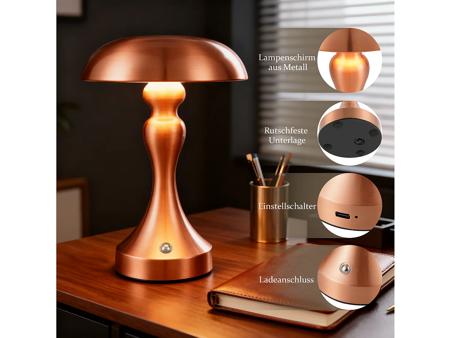 Lampe de chevet LED NETTLIFE tactile, intensité variable, sans fil, rechargeable par USB, style vintage