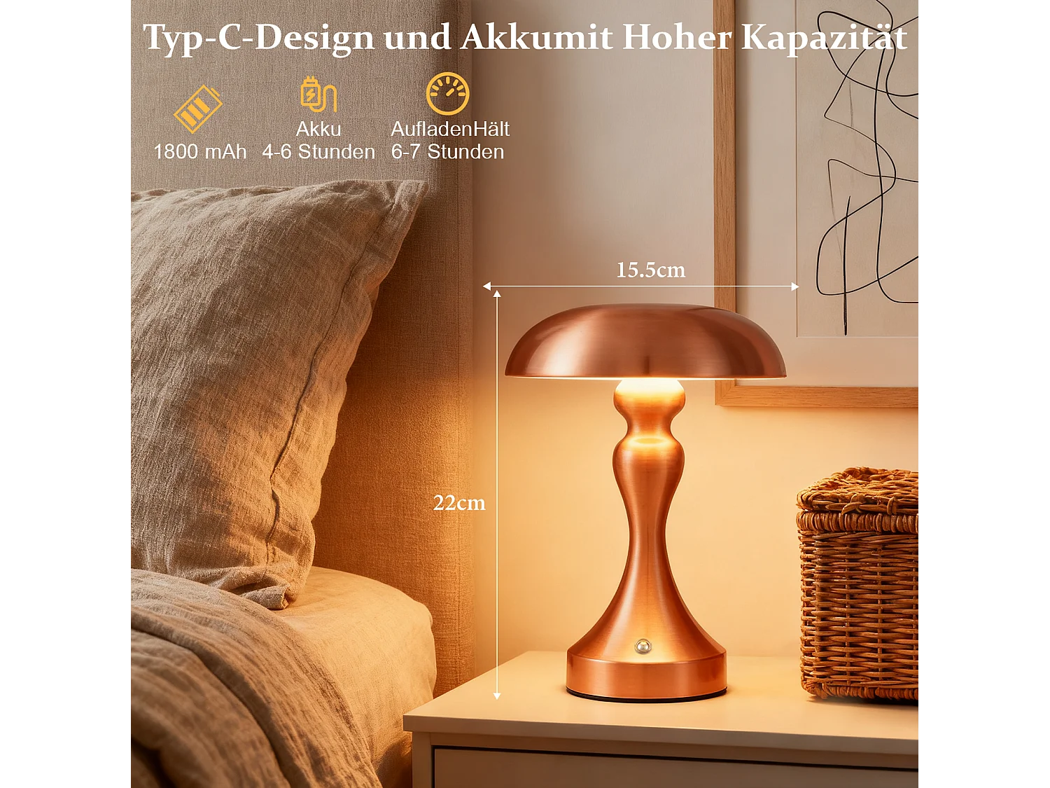 NETTLIFE Lampka nocna LED z funkcją ściemniania dotykowego, bezprzewodowa, ładowana przez USB, styl vintage