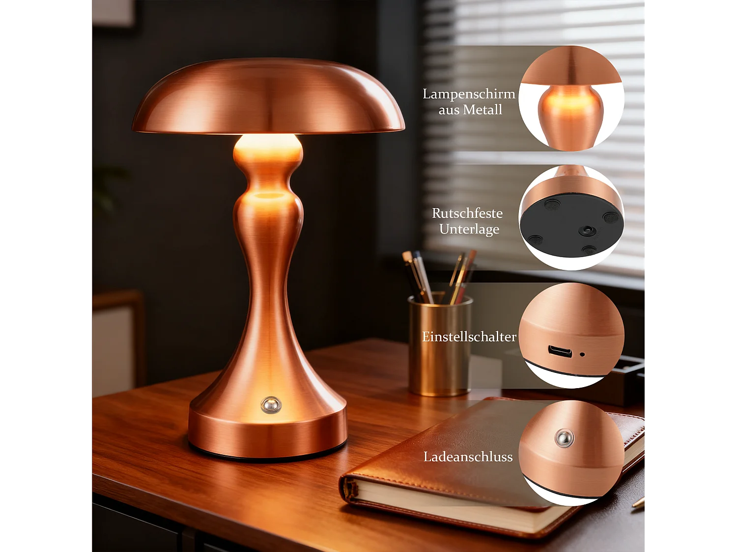 Lampe de chevet LED NETTLIFE tactile, intensité variable, sans fil, rechargeable par USB, style vintage