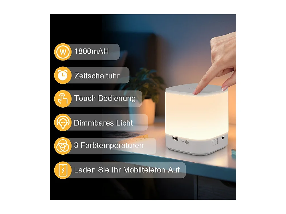 Lampe de table LED NETTLIFE à batterie 1800 mAh, tactile, dimmable 3000-6500 K USB, avec 3 températures de couleur et fonction de minuterie, veilleuse