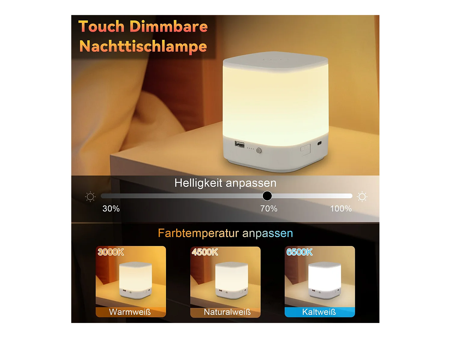 Lampe de table LED NETTLIFE à batterie 1800 mAh, tactile, dimmable 3000-6500 K USB, avec 3 températures de couleur et fonction de minuterie, veilleuse