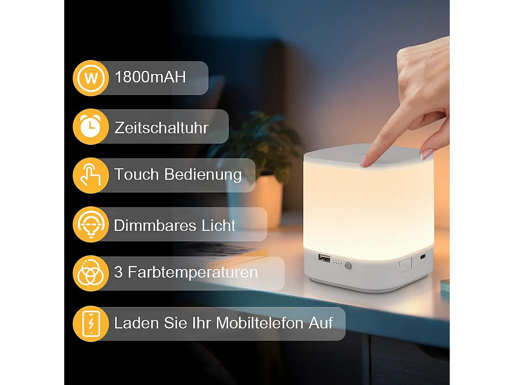 Lampe de table LED NETTLIFE à batterie 1800 mAh, tactile, dimmable 3000-6500 K USB, avec 3 températures de couleur et fonction de minuterie, veilleuse