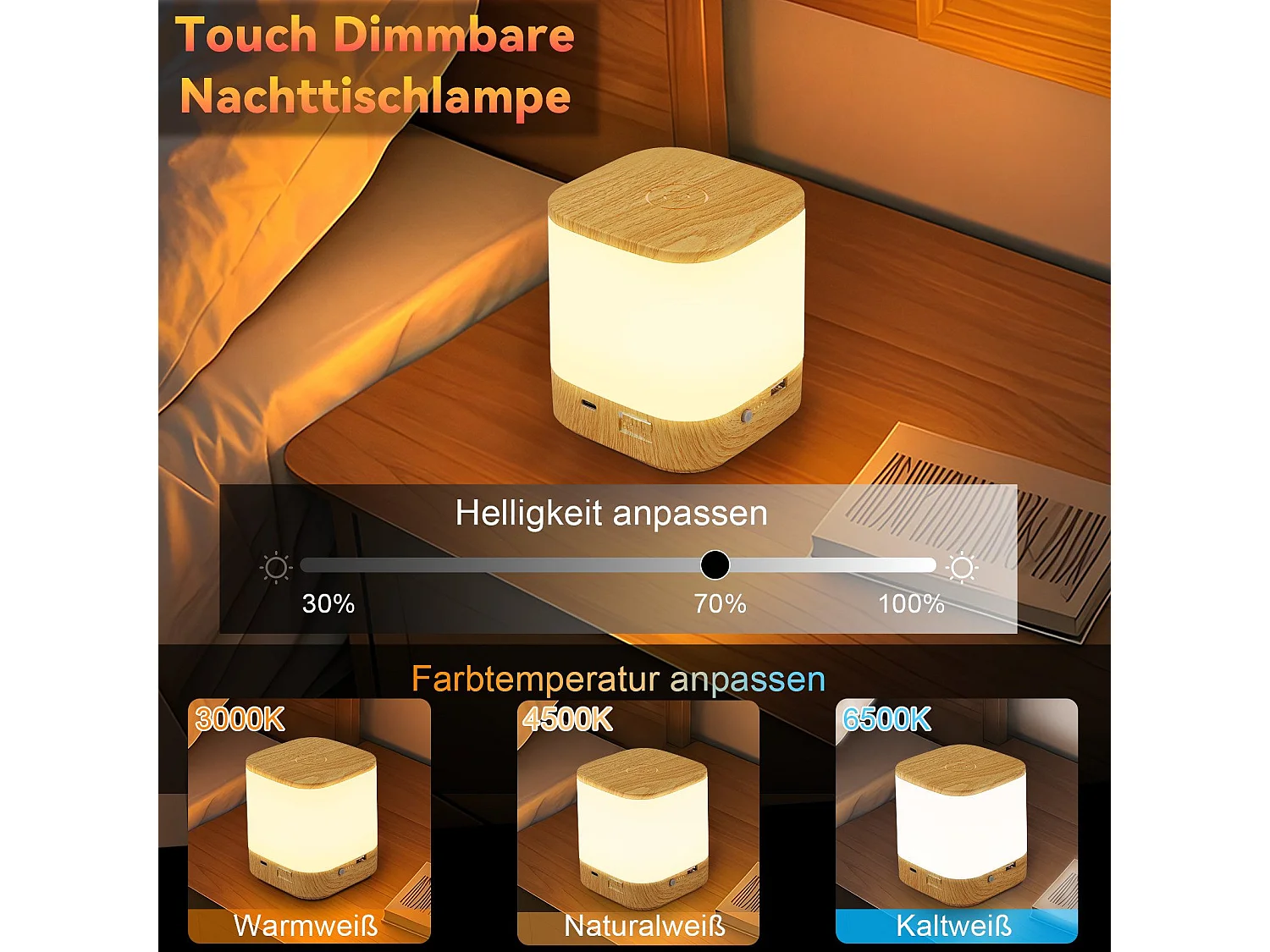 Lampe de table LED NETTLIFE batterie 1800mAH tactile dimmable 3000-6500K rechargeable USB avec 3 températures de couleur et fonction