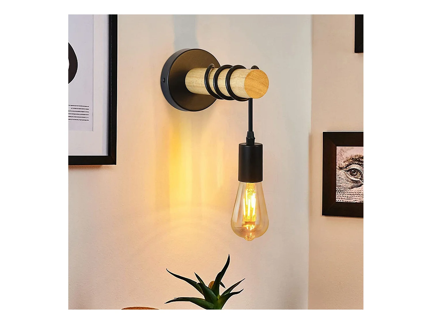 NETTLIFE retro industrial kinkiet czarny drewno metal E27 biuro