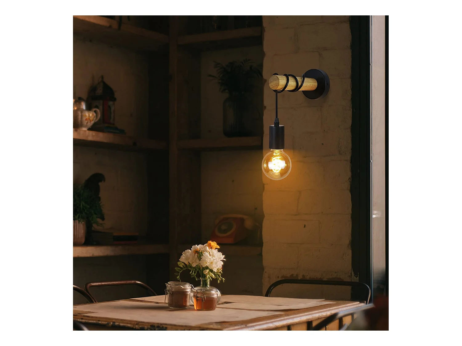 NETTLIFE retro industrial kinkiet czarny drewno metal E27 biuro