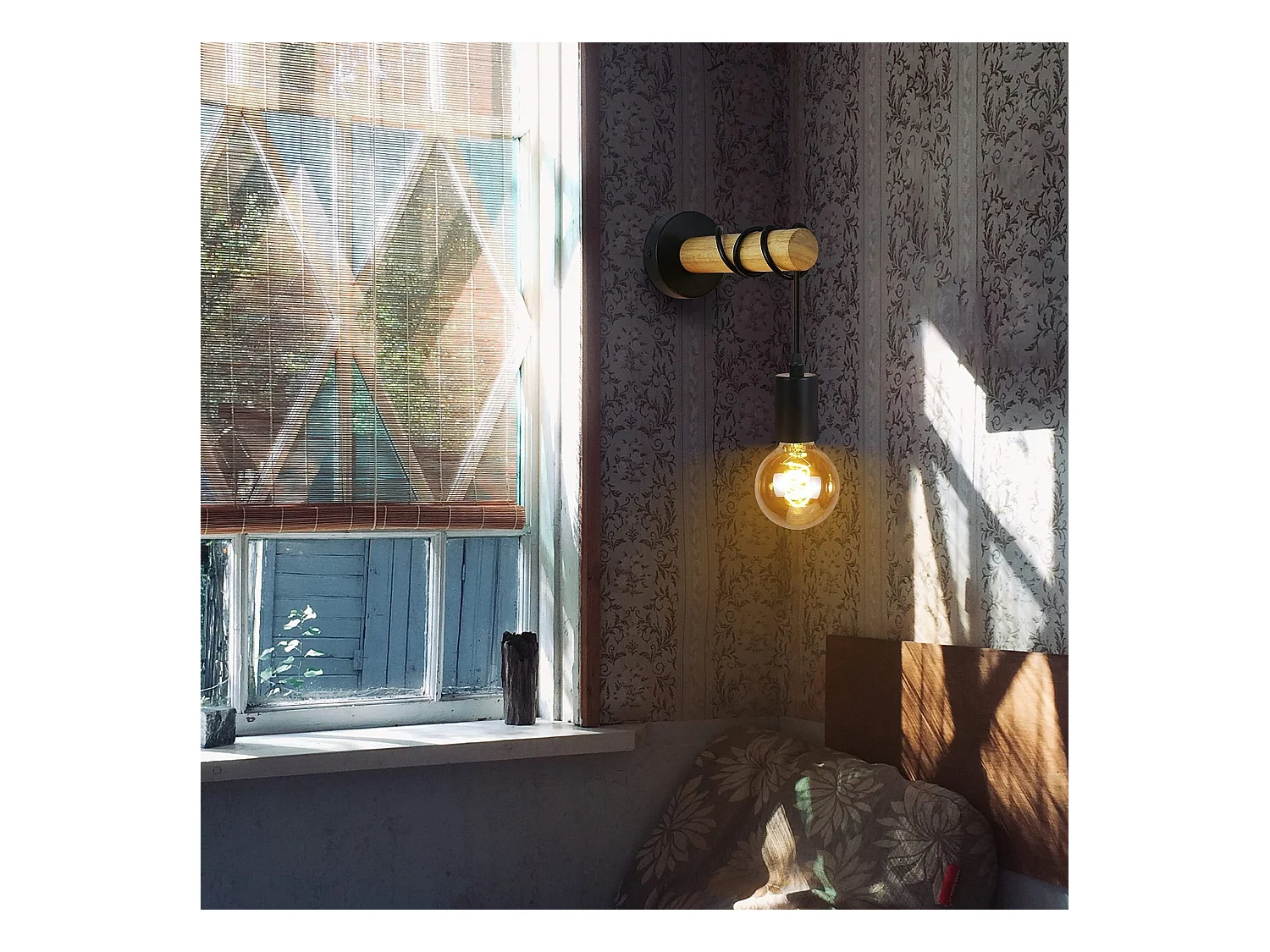 NETTLIFE retro industrial kinkiet czarny drewno metal E27 biuro