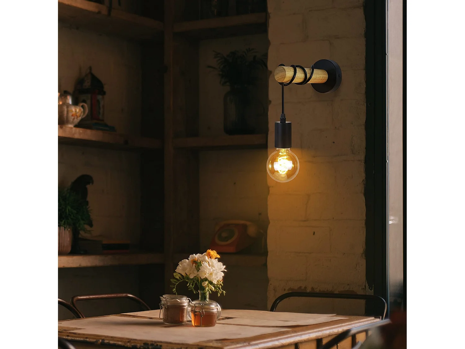 Applique murale NETTLIFE rétro industrielle bois noir métal E27 bureau