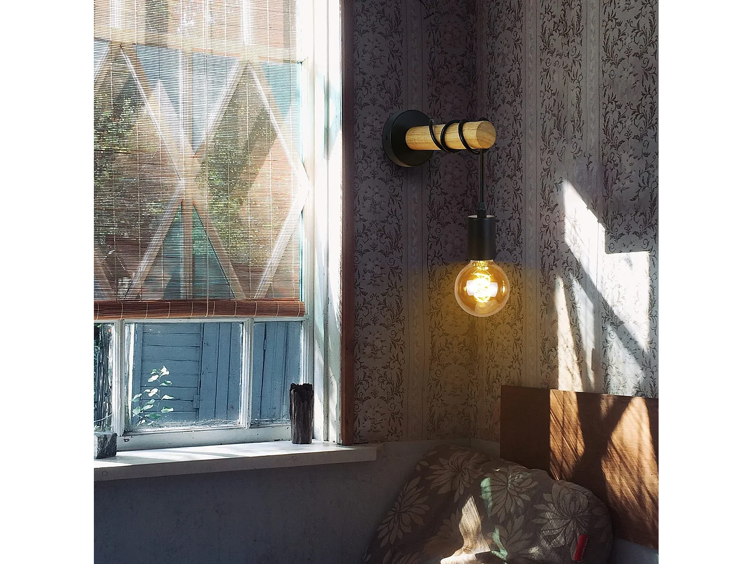 NETTLIFE Applique da parete industriale retrò, legno nero e metallo, attacco E27, da scrivania