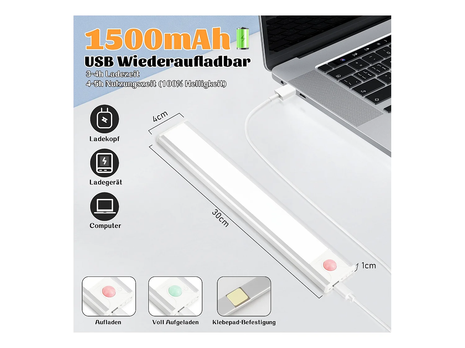 NETTLIFE LED-onderkastverlichting met bewegingssensor, USB-oplaadbaar, 1500 mAh, ideaal voor kast, gang of garderobe