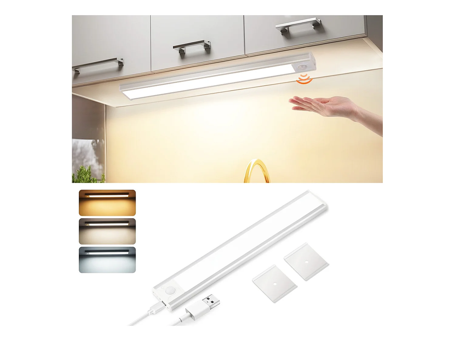 Lampe LED sous meuble NETTLIFE avec détecteur de mouvement, rechargeable par USB, 1 500 mAh, idéale pour un placard, un couloir ou un placard