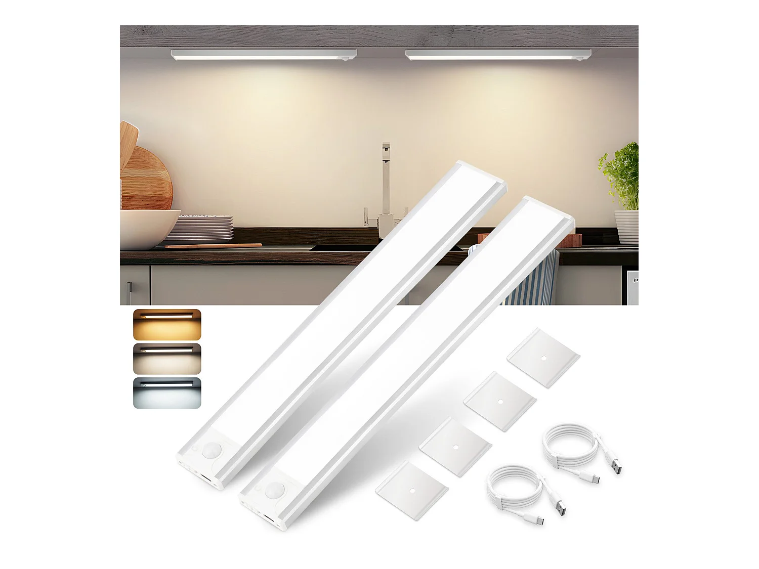 Lampe 2 x LED sous meuble NETTLIFE avec détecteur de mouvement, rechargeable par USB, 1 500 mAh, idéale pour un placard, un couloir ou un placard