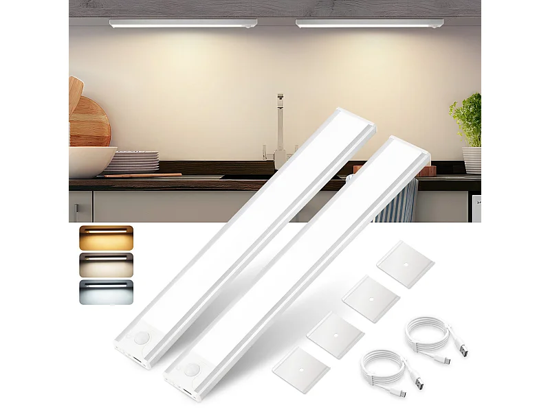 Lampe 2 x LED sous meuble NETTLIFE avec détecteur de mouvement, rechargeable par USB, 1 500 mAh, idéale pour un placard, un couloir ou un placard