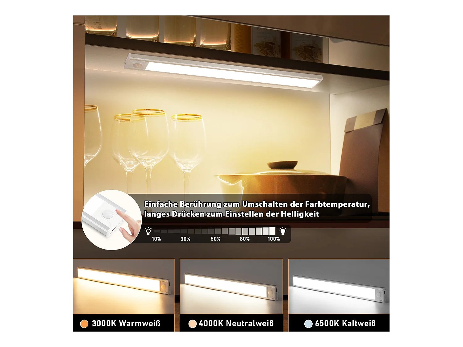 NETTLIFE LED-onderkastverlichting met bewegingssensor, USB-oplaadbaar, 1500 mAh, ideaal voor kast, gang of garderobe