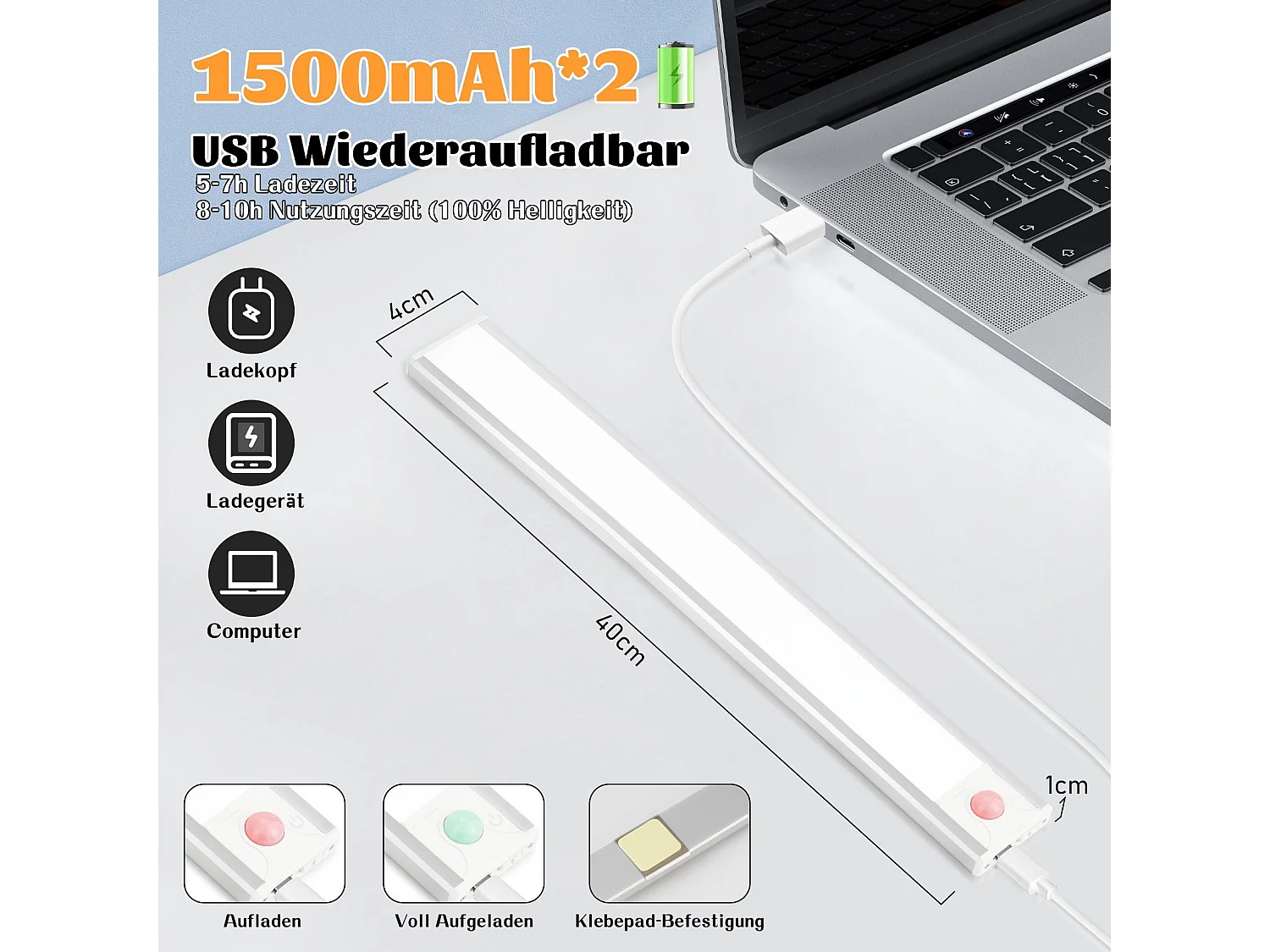 Lampe LED sous meuble NETTLIFE avec détecteur de mouvement, rechargeable par USB, 1 500 mAh, idéale pour un placard, un couloir ou un placard