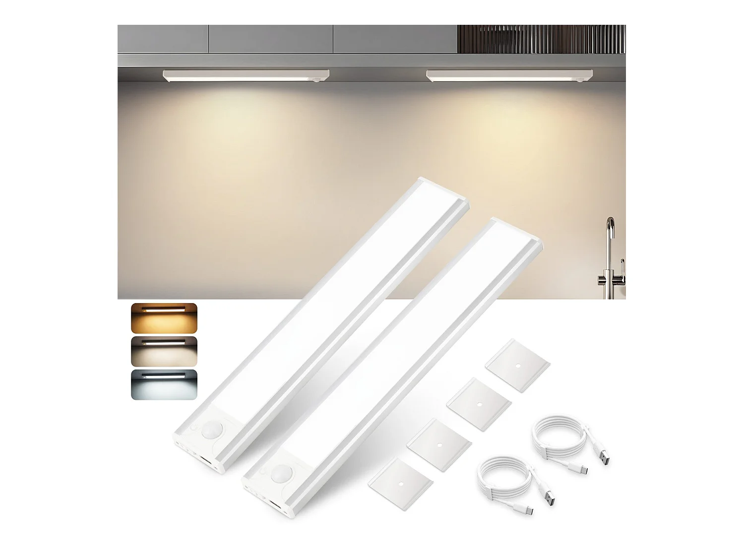 Lampe 2 x LED sous meuble NETTLIFE avec détecteur de mouvement, rechargeable par USB, 1 500 mAh, idéale pour un placard, un couloir ou un placard