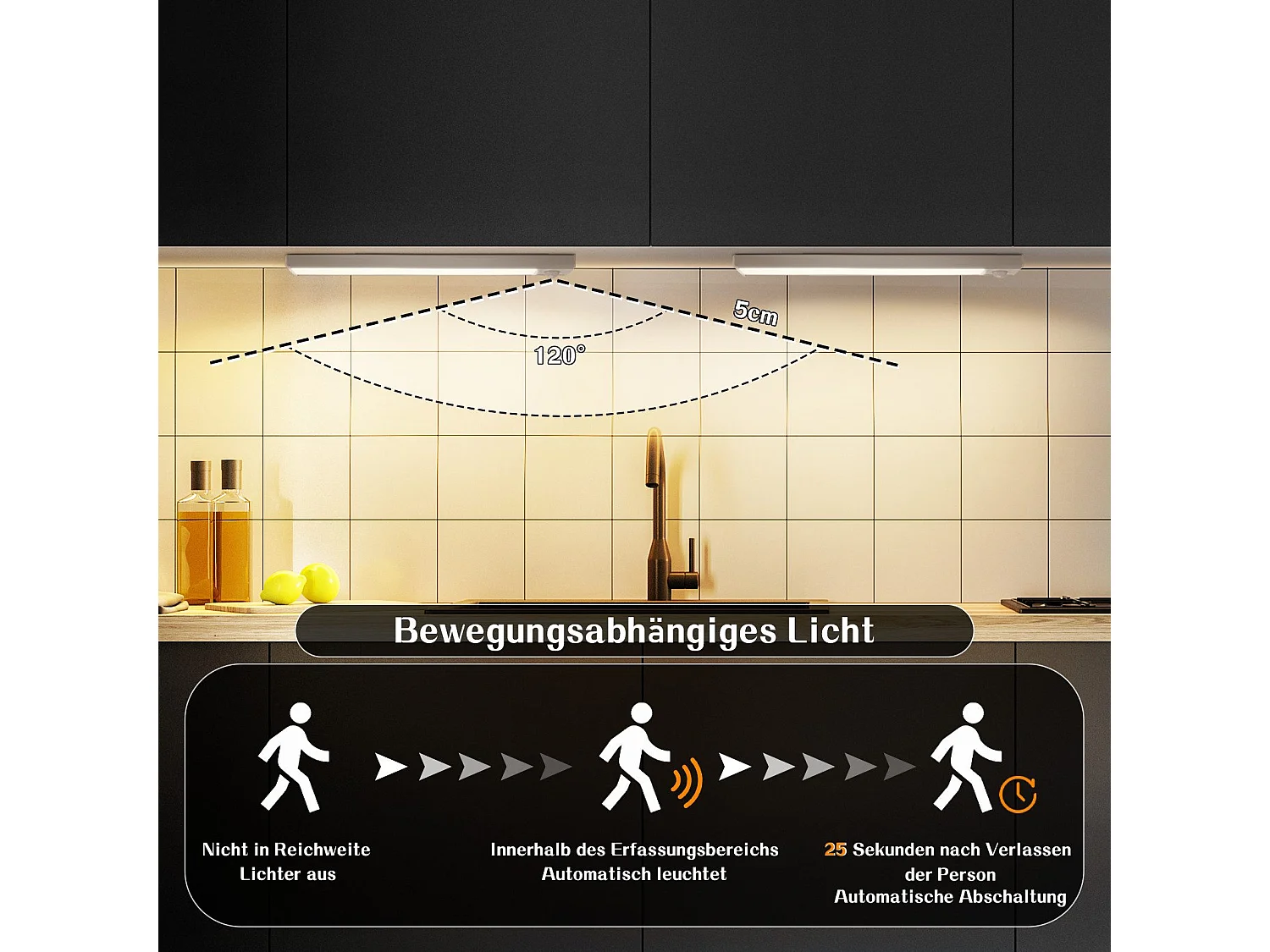 Lampe 2 x LED sous meuble NETTLIFE avec détecteur de mouvement, rechargeable par USB, 1 500 mAh, idéale pour un placard, un couloir ou un placard