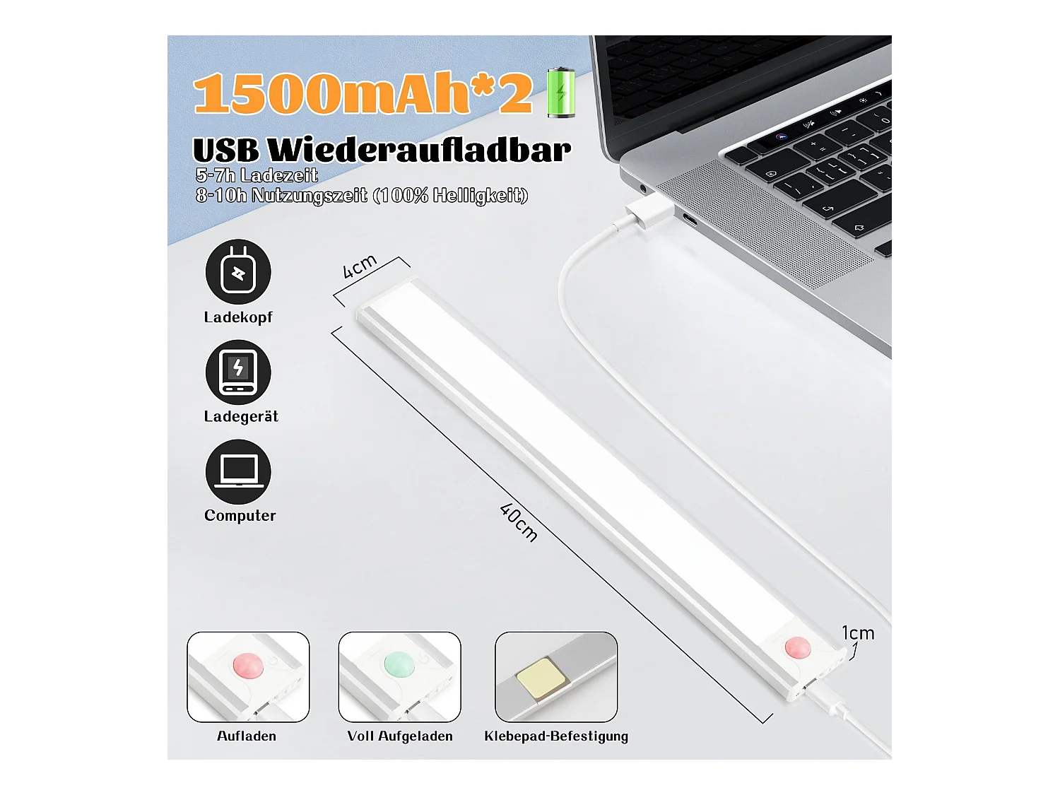 2 x NETTLIFE LED-onderkastverlichting met bewegingssensor, USB-oplaadbaar, 1500 mAh, ideaal voor kast, gang of meterkast