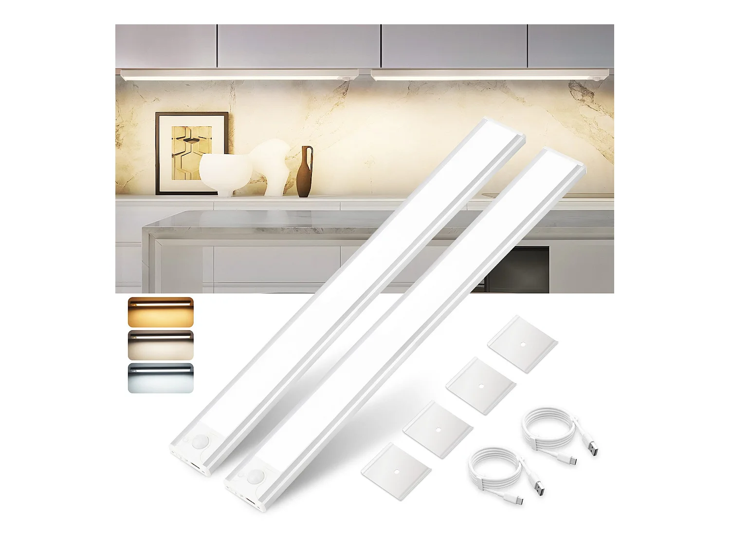 Lampe 2 x LED sous meuble NETTLIFE avec détecteur de mouvement, rechargeable par USB, 1 500 mAh, idéale pour un placard, un couloir ou un placard