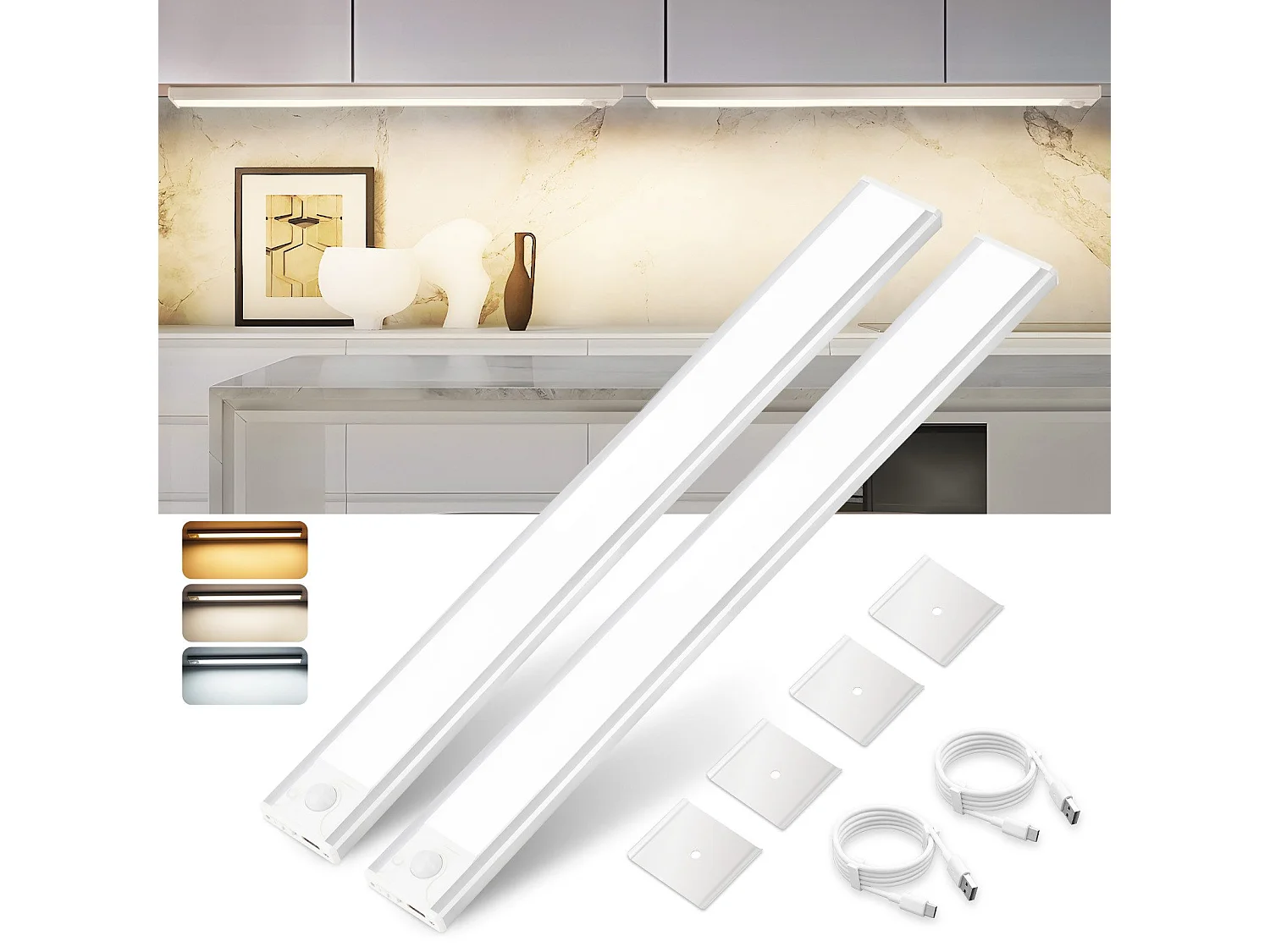 Lampe 2 x LED sous meuble NETTLIFE avec détecteur de mouvement, rechargeable par USB, 1 500 mAh, idéale pour un placard, un couloir ou un placard