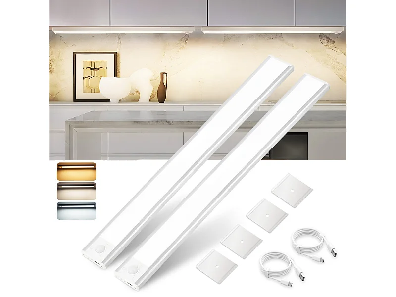 Lampe 2 x LED sous meuble NETTLIFE avec détecteur de mouvement, rechargeable par USB, 1 500 mAh, idéale pour un placard, un couloir ou un placard