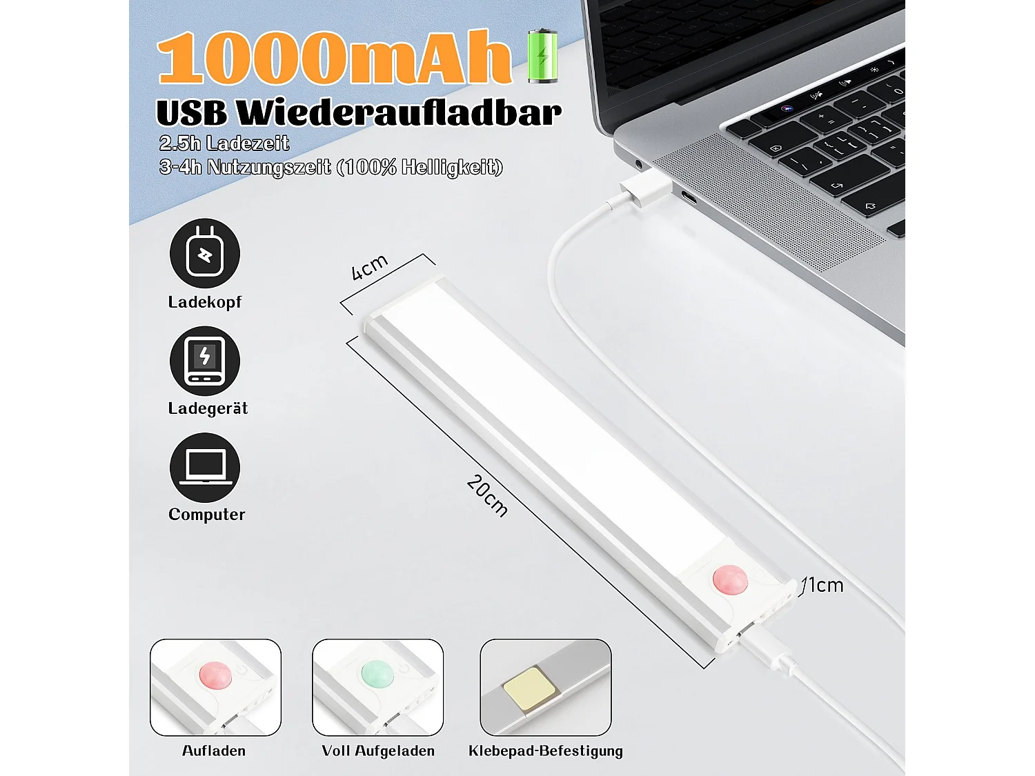 NETTLIFE Lampada LED sottopensile con rilevatore di movimento, ricaricabile tramite USB, 1500 mAh, ideale per armadi, corridoi o credenze.