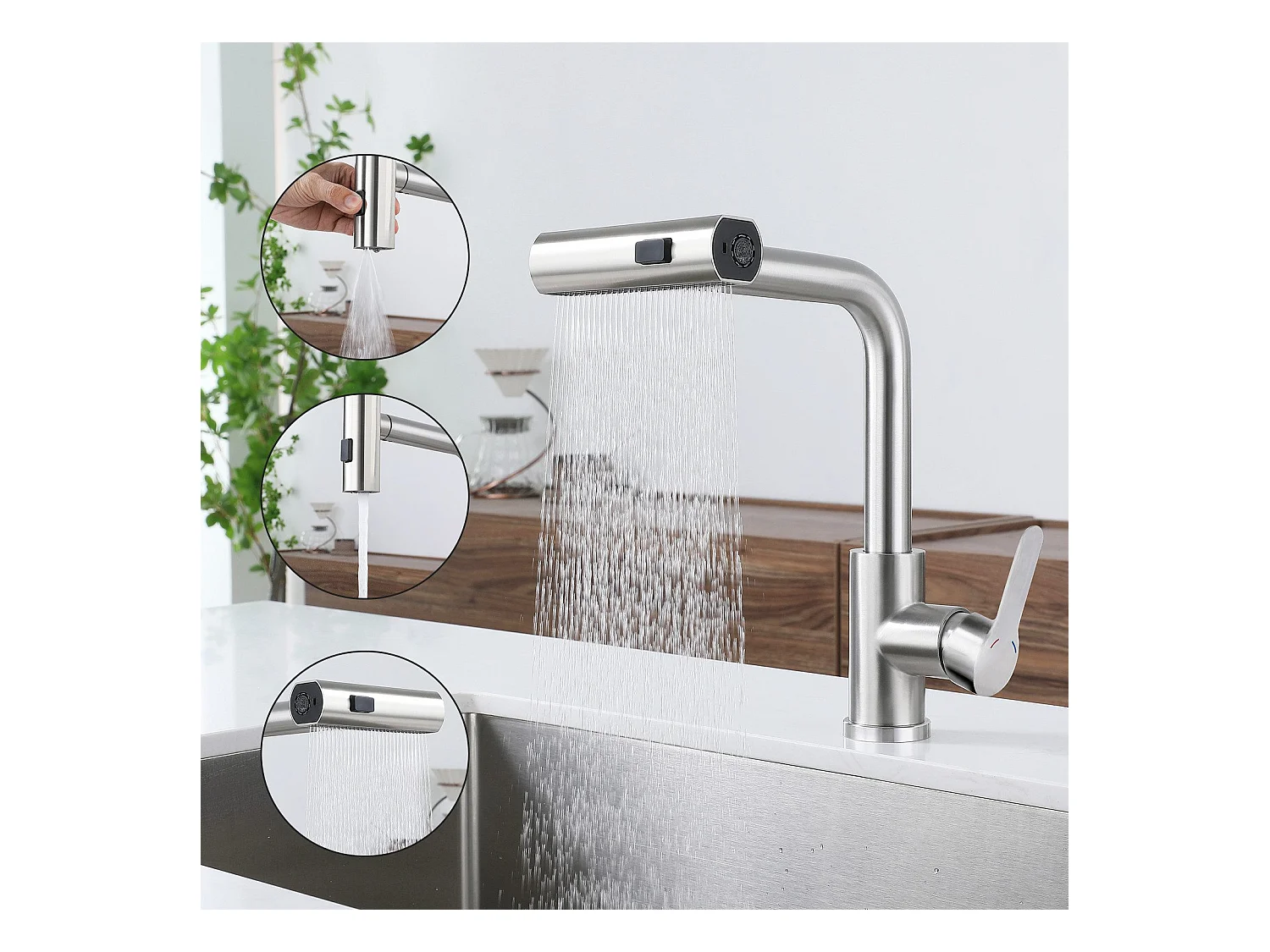 Robinet de cuisine extractible NETTLIFE - Mitigeur d'évier 360° avec douchette en acier inoxydable, 2 modes de pulvérisation
