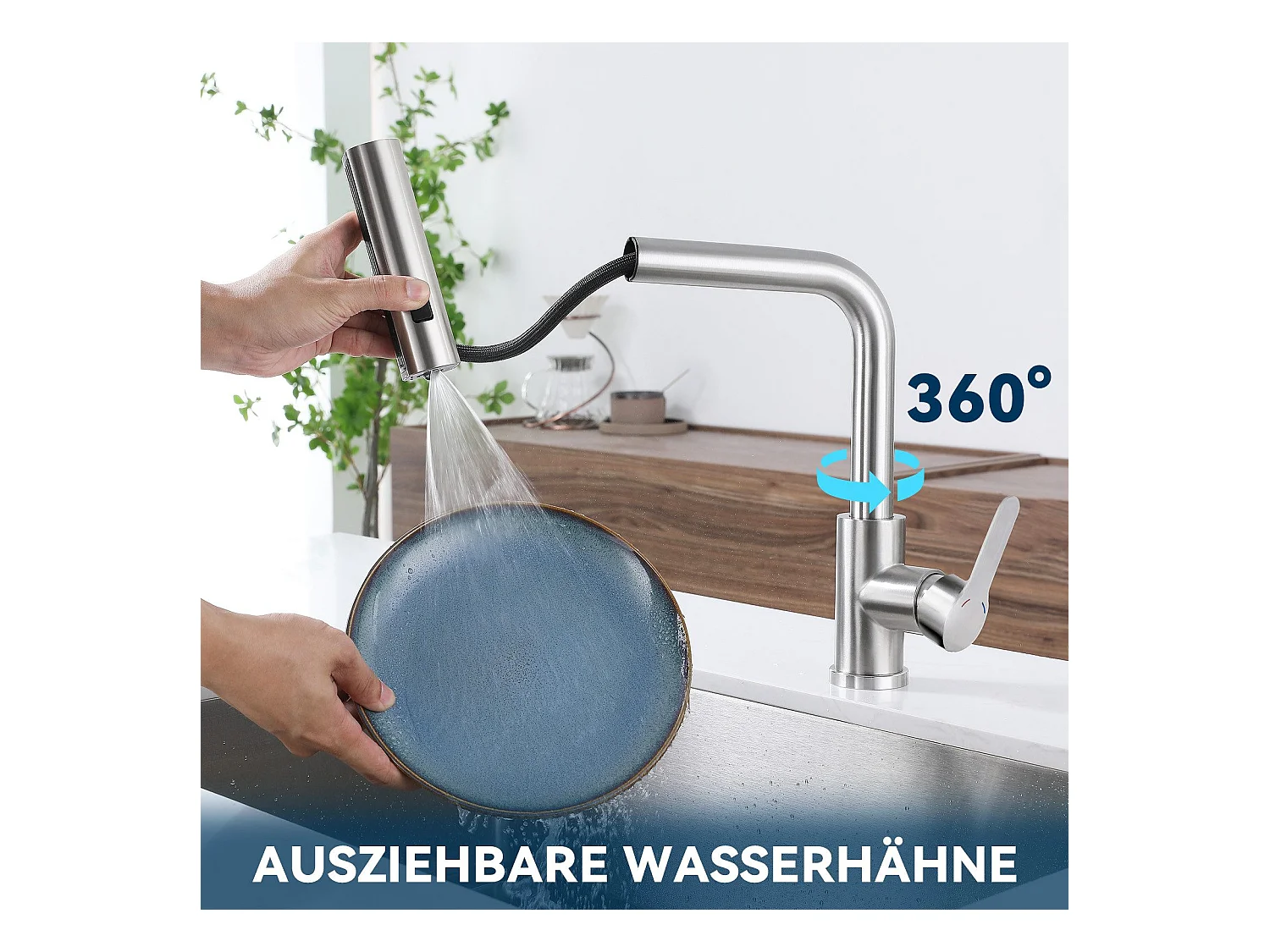 NETTLIFE Ausziehbarer Küchenhahn – 360° Spültischarmatur mit Edelstahlbrause, 2 Sprühmodi