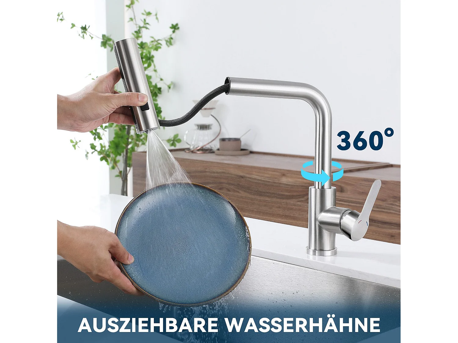 NETTLIFE Bateria kuchenna z wyciąganą wylewką - bateria zlewozmywakowa 360° ze stalową dyszą natryskową, 2 tryby natrysku