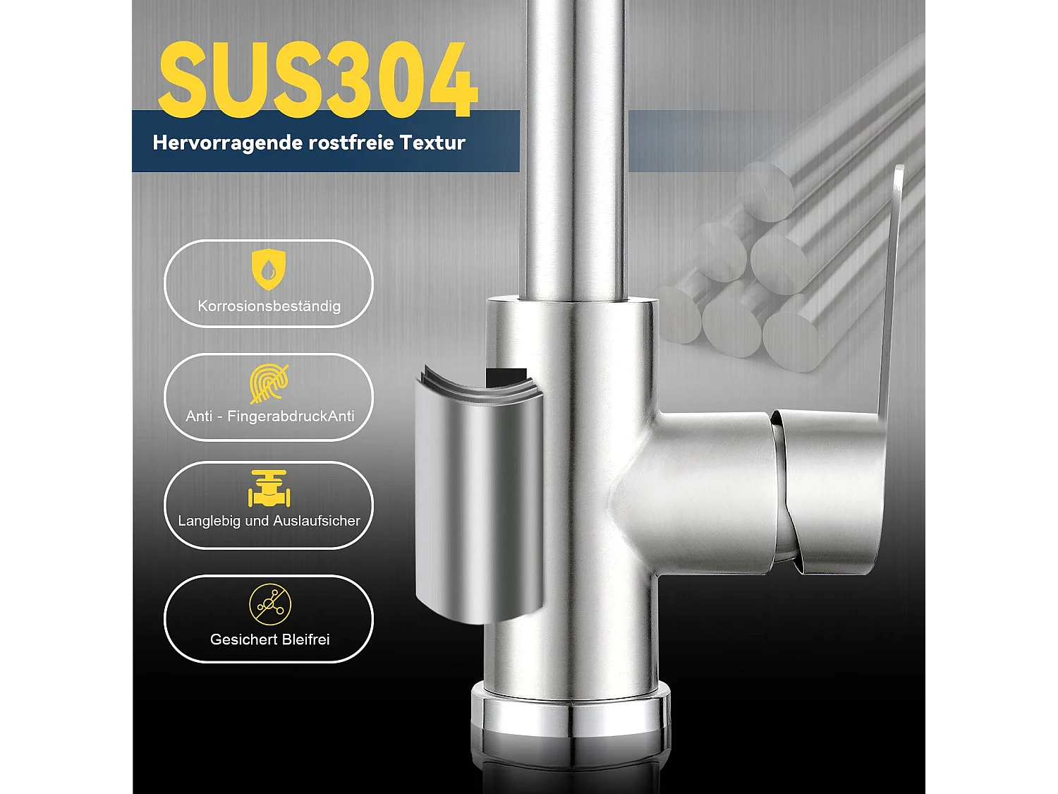 NETTLIFE Bateria kuchenna z wyciąganą wylewką - bateria zlewozmywakowa 360° ze stalową dyszą natryskową, 2 tryby natrysku