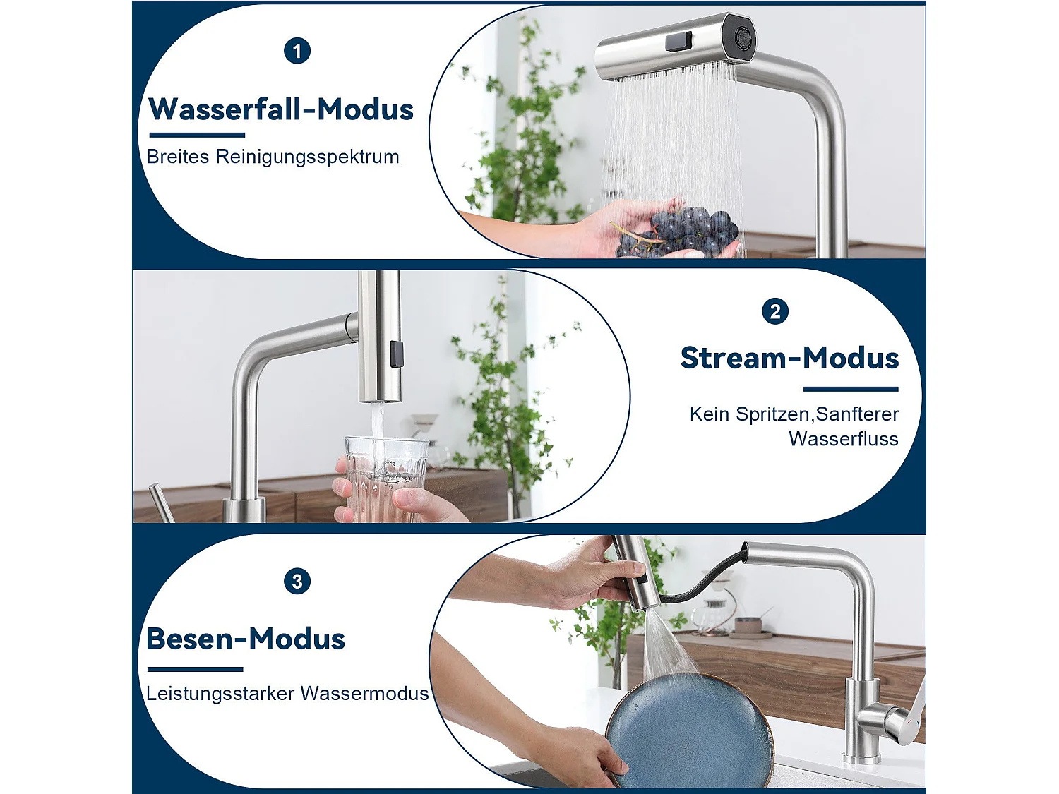 Robinet de cuisine extractible NETTLIFE - Mitigeur d'évier 360° avec douchette en acier inoxydable, 2 modes de pulvérisation