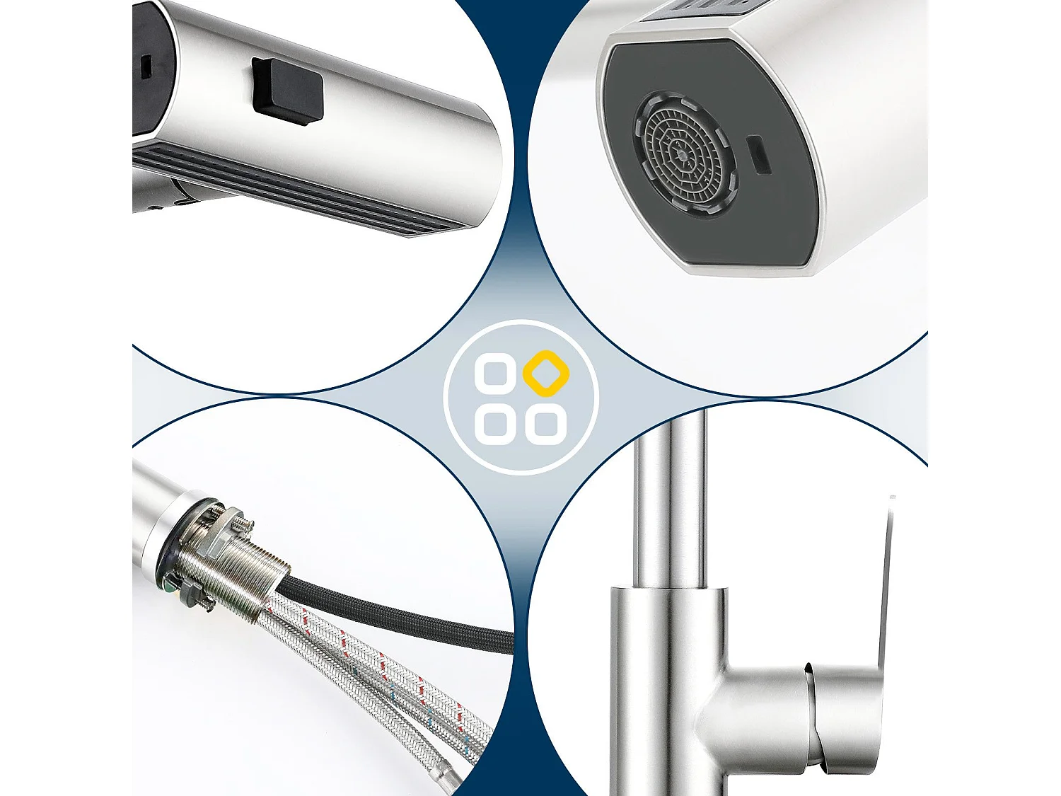 Robinet de cuisine extractible NETTLIFE - Mitigeur d'évier 360° avec douchette en acier inoxydable, 2 modes de pulvérisation