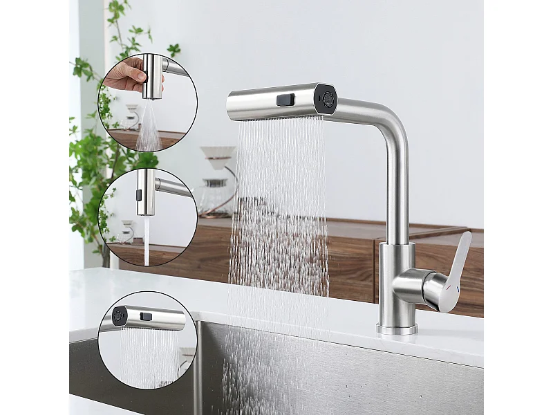 Robinet de cuisine extractible NETTLIFE - Mitigeur d'évier 360° avec douchette en acier inoxydable, 2 modes de pulvérisation