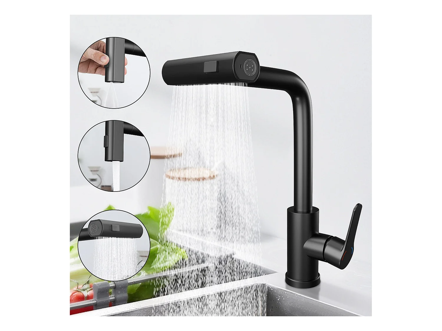 Robinet de cuisine extractible NETTLIFE - Mitigeur d'évier 360° avec douchette en acier inoxydable, 2 modes de pulvérisation