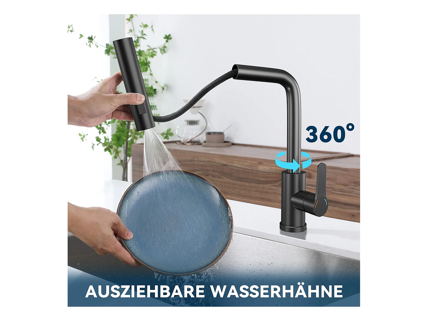 Robinet de cuisine extractible NETTLIFE - Mitigeur d'évier 360° avec douchette en acier inoxydable, 2 modes de pulvérisation