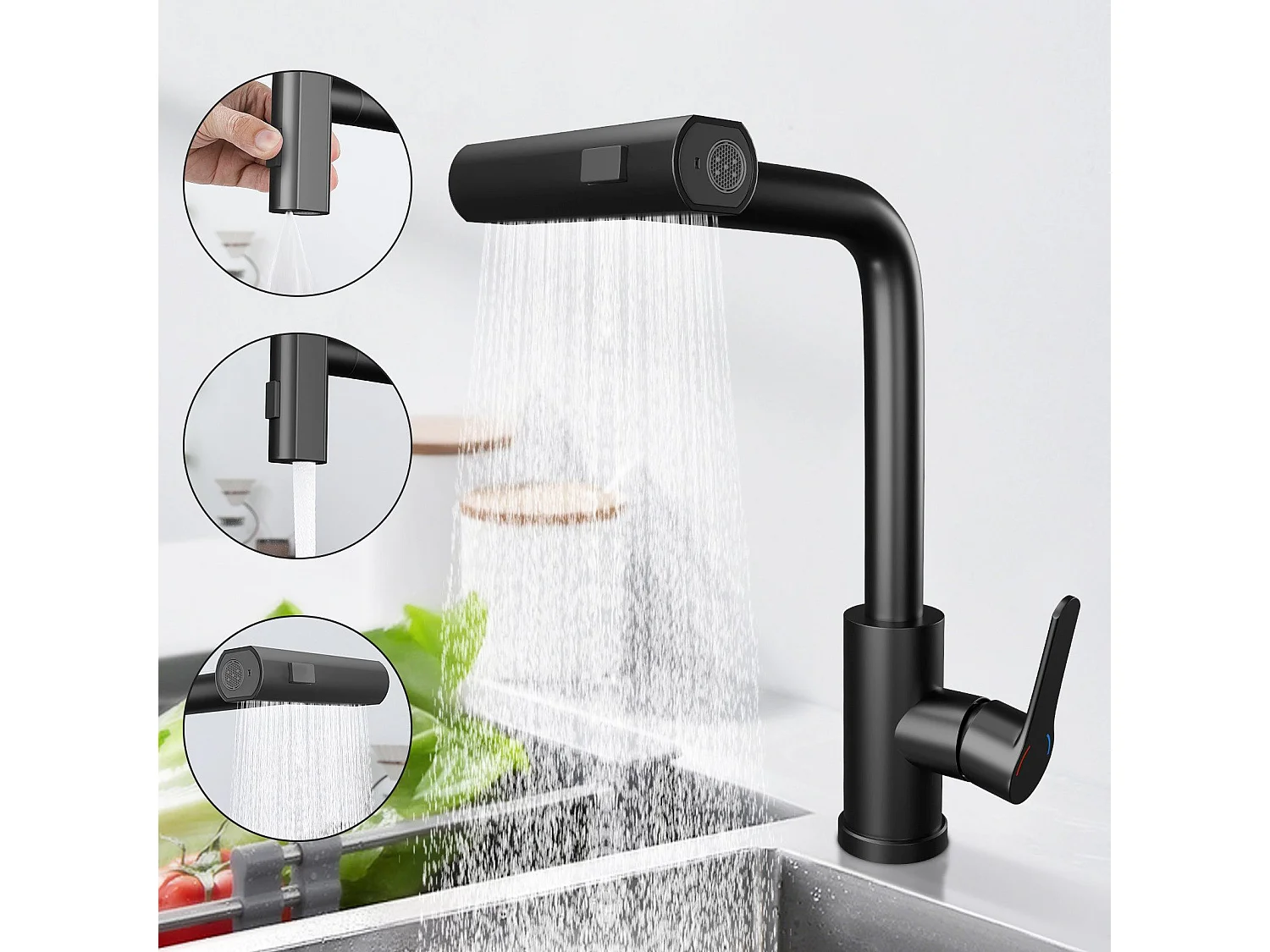 Robinet de cuisine extractible NETTLIFE - Mitigeur d'évier 360° avec douchette en acier inoxydable, 2 modes de pulvérisation