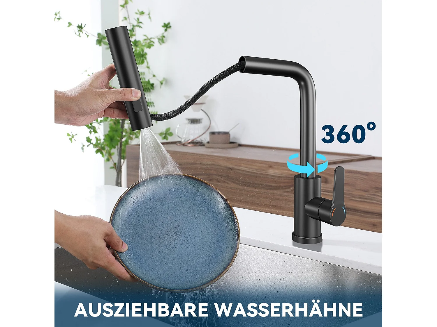 NETTLIFE Ausziehbarer Küchenhahn – 360° Spültischarmatur mit Edelstahlbrause, 2 Sprühmodi