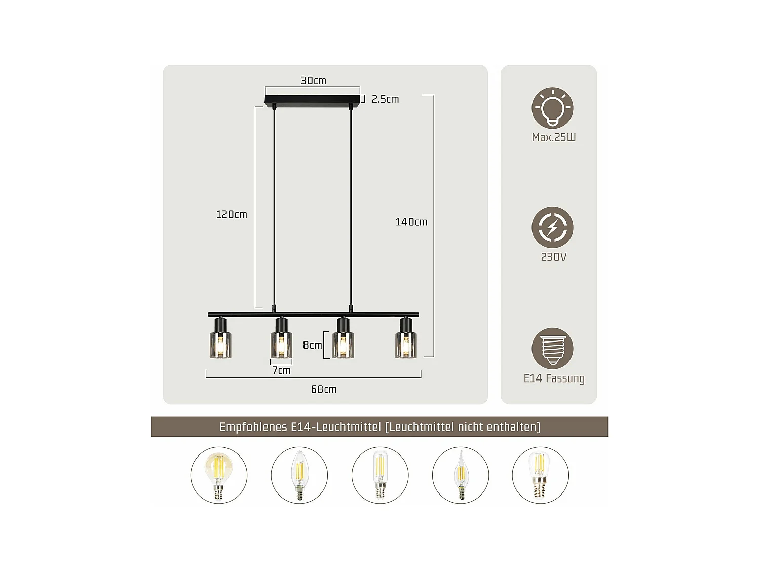 Suspension NETTLIFE 4 flammes en verre vintage E14 pour salle à manger, salon, cuisine