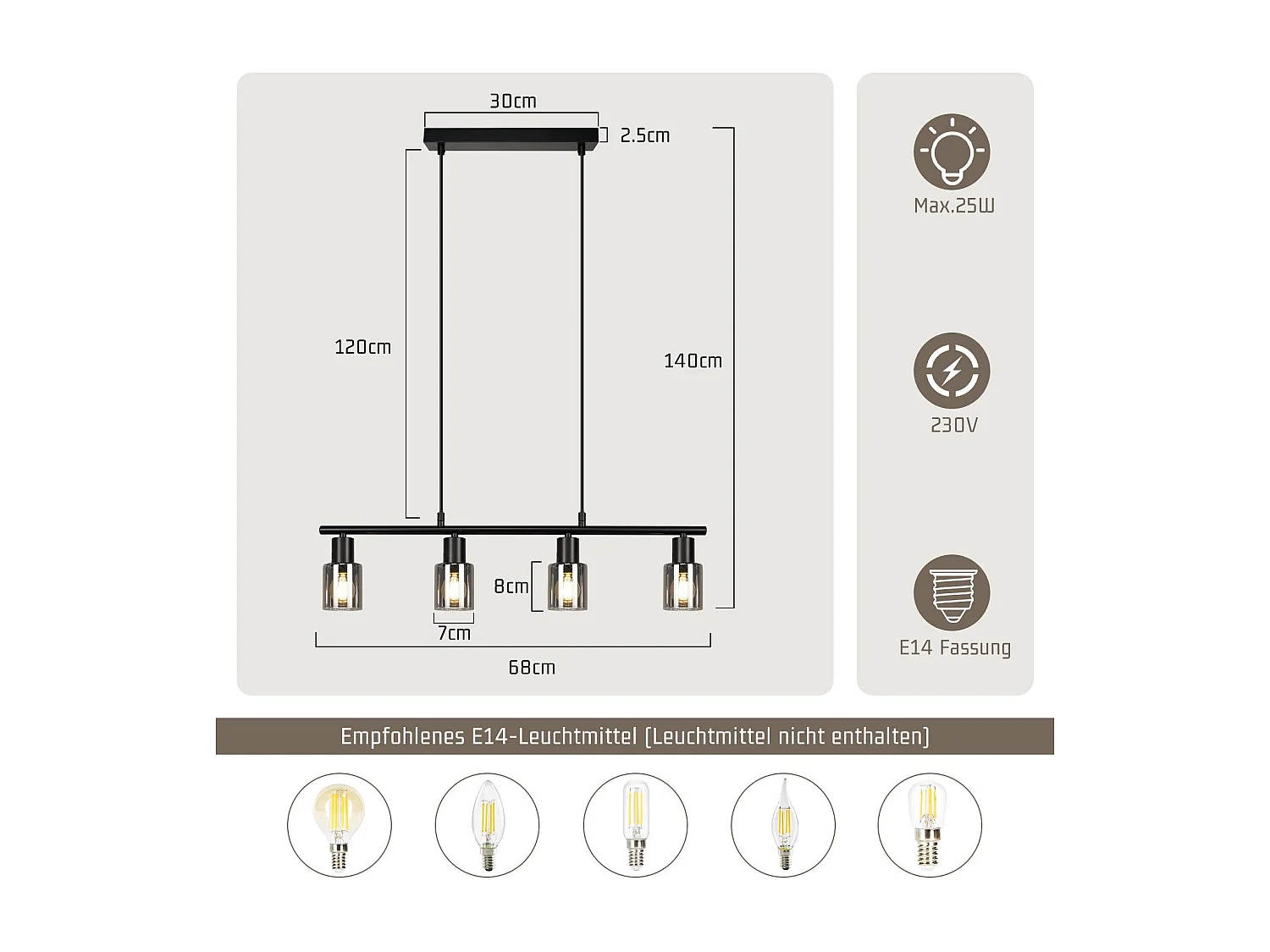 NETTLIFE 4-płomienna lampa wisząca ze szkła vintage E14 do jadalni, salonu, kuchni