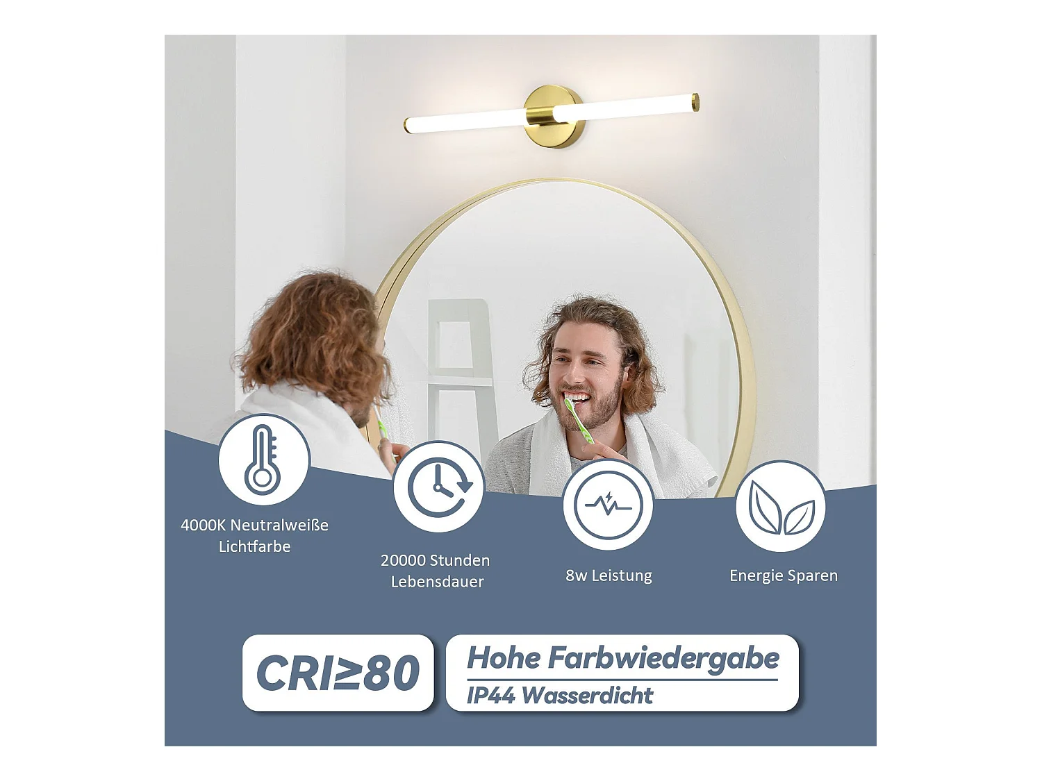 NETTLIFE Lámpara de pared para baño con luz LED para espejo, 8 W, 4000 K, IP44