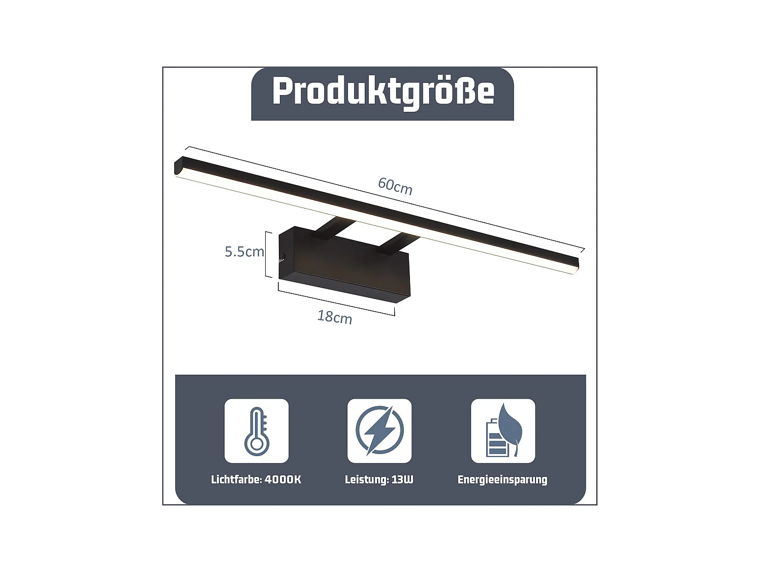 NETTLIFE Lampe à miroir LED noire 60CM Moderne 4000K Salle de bain Lampe à miroir murale