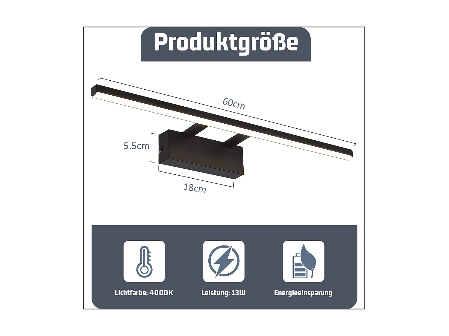 NETTLIFE Czarna lampa lustrzana LED 60CM Nowoczesna lampa ścienna lustrzana do łazienki 4000K