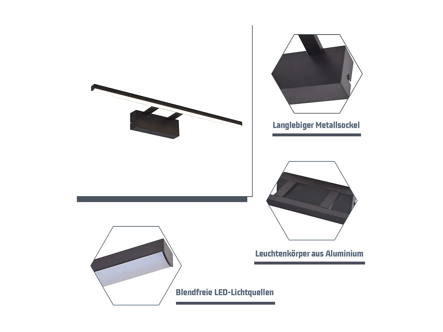 NETTLIFE Lampe à miroir LED noire 60CM Moderne 4000K Salle de bain Lampe à miroir murale