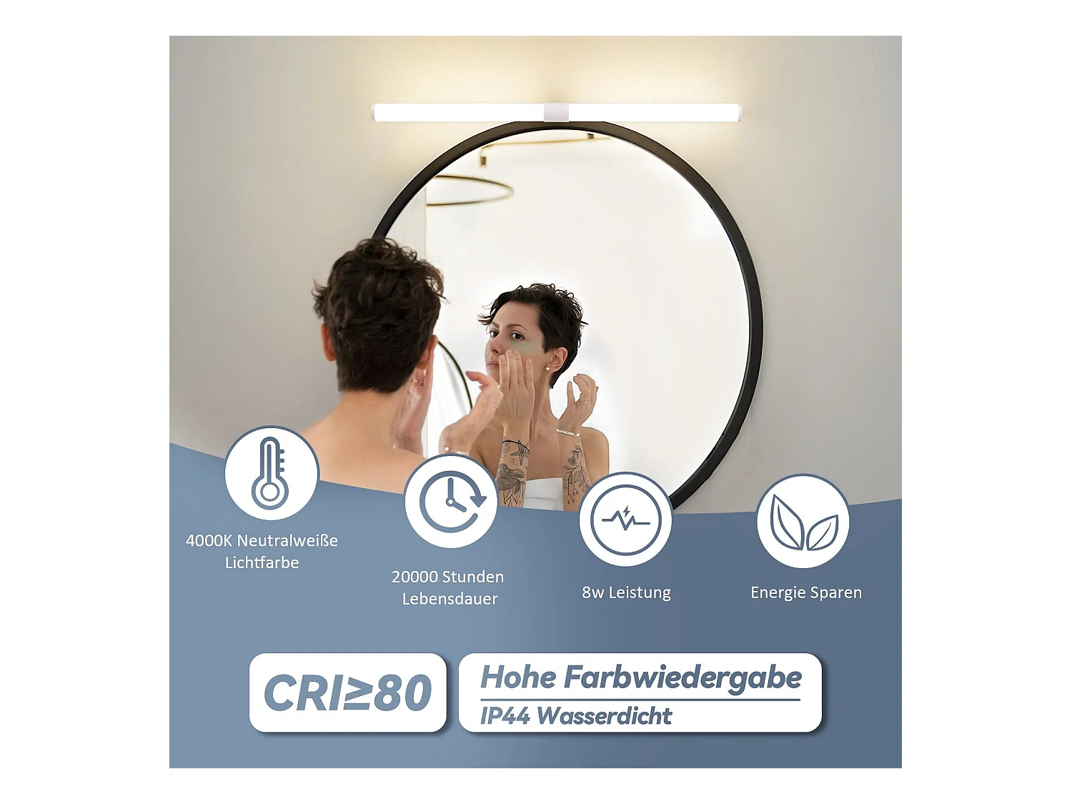 NETTLIFE - Lámpara de espejo para baño LED, 8 W, 60 cm, lámpara de pared para baño, color blanco, con abrazadera, resistente al agua IP44 4000 K