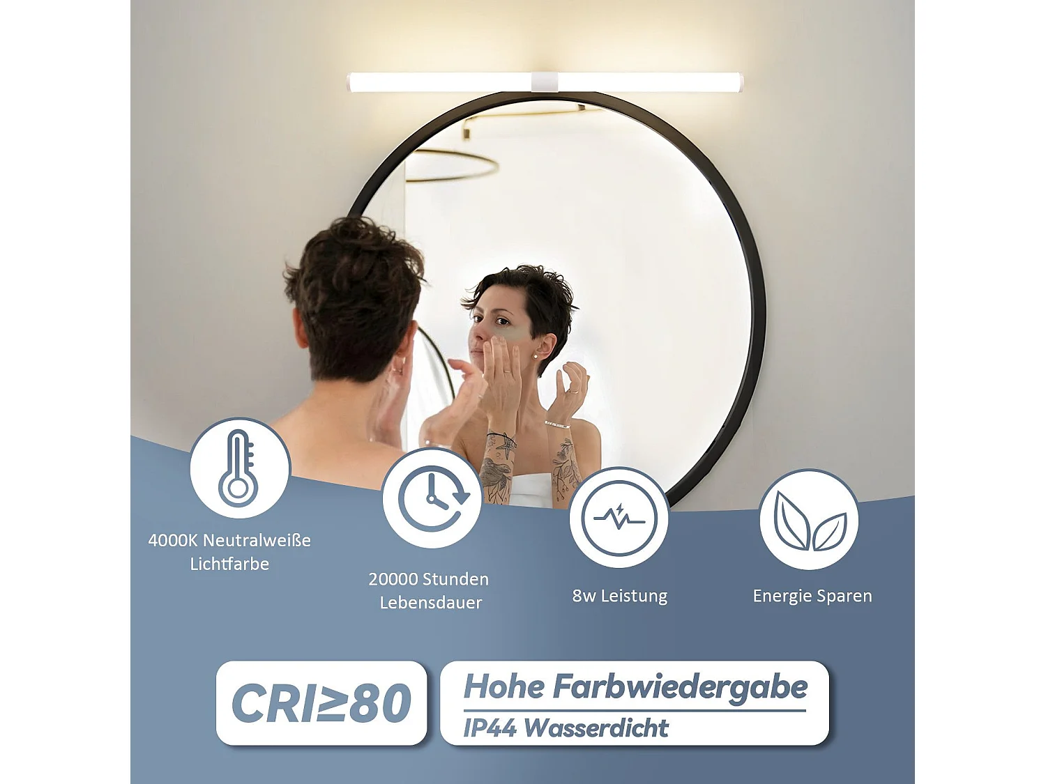NETTLIFE Lampe de miroir de salle de bain LED 8W 60CM Lampe de salle de bain murale blanche à pince étanche IP44 4000K