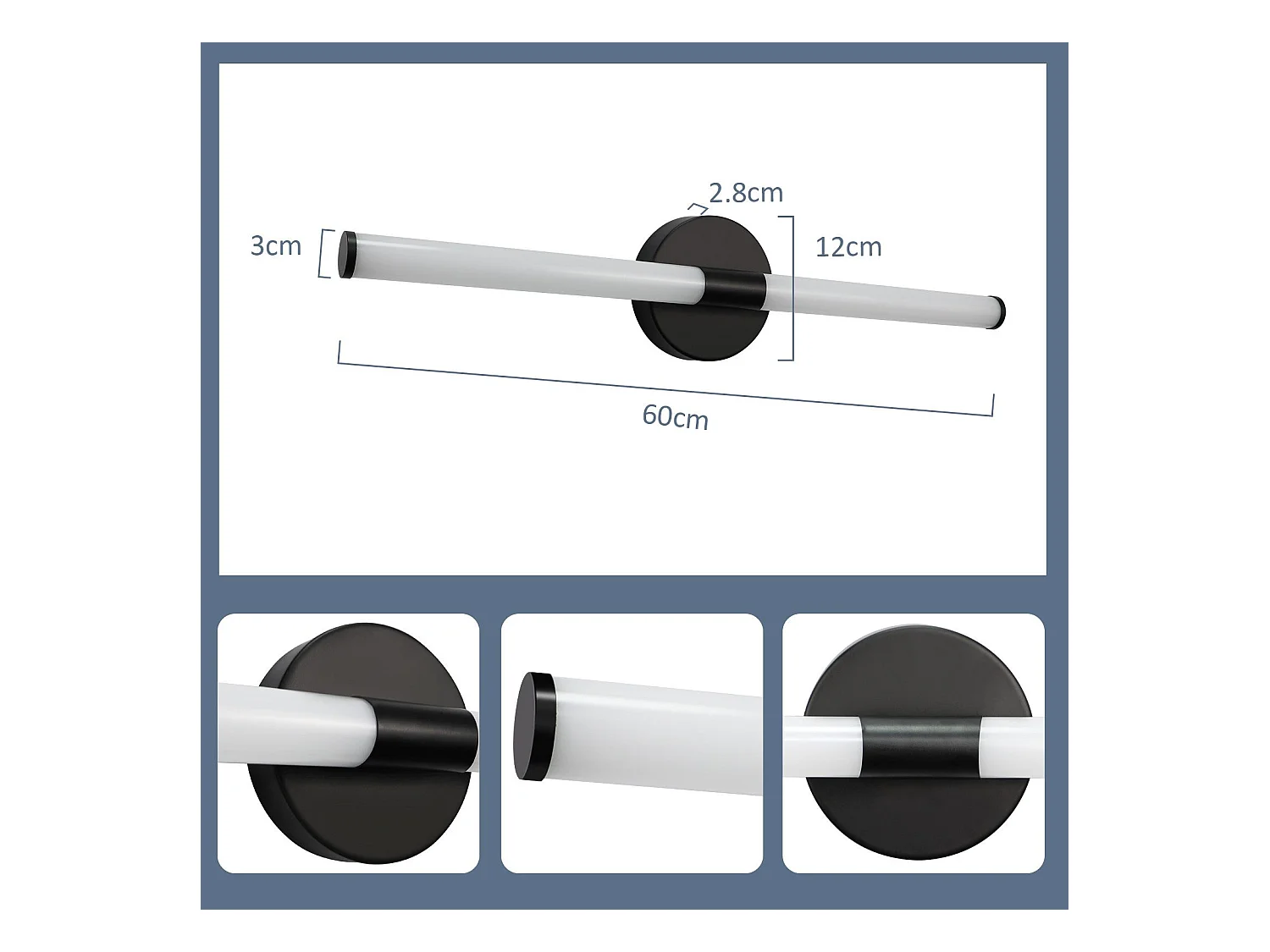 NETTLIFE LED Badezimmer-Wandleuchte 60cm, 8W, Schwarz, 4000K, IP44