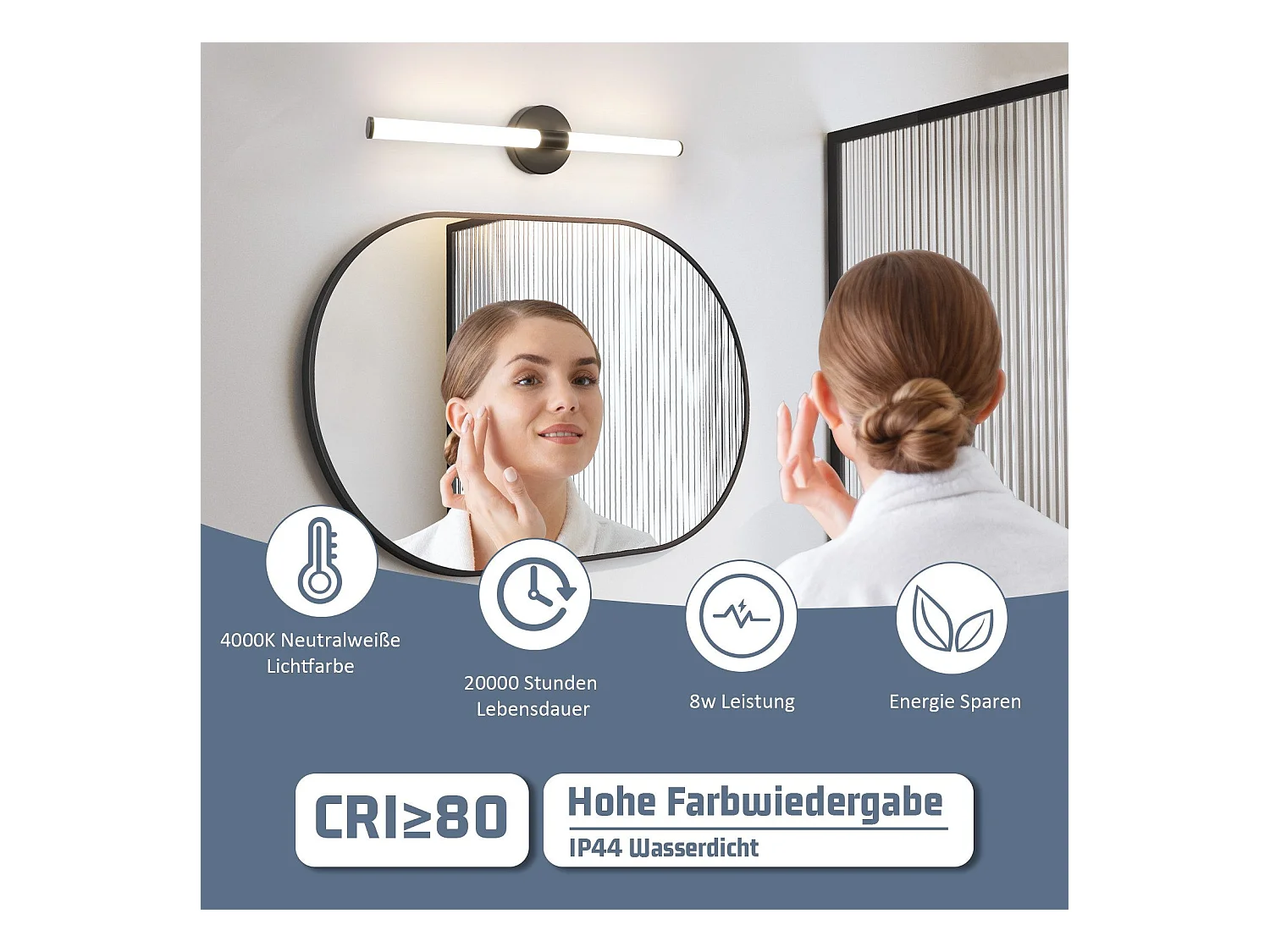 Applique murale de salle de bain NETTLIFE LED 60 cm, 8 W, noire, 4 000 K, IP44