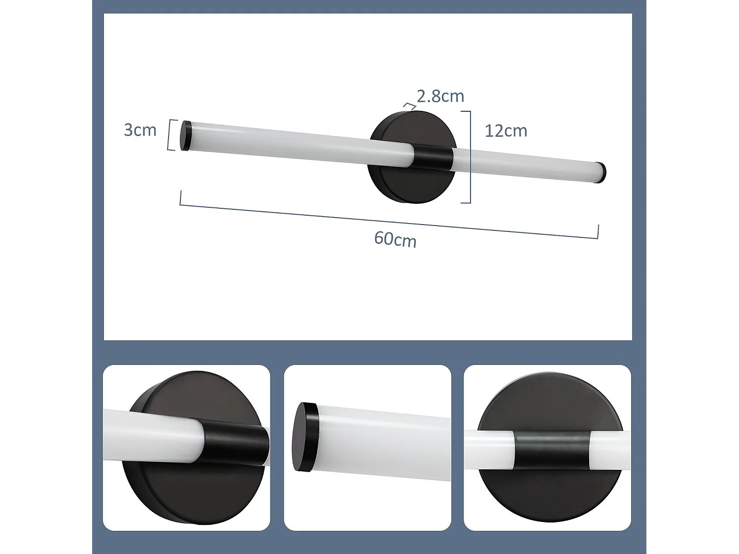 NETTLIFE LED Badezimmer-Wandleuchte 60cm, 8W, Schwarz, 4000K, IP44